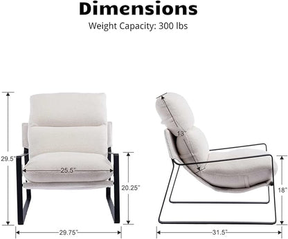 HEAH-YO Modern Accent Chair Set of 1, Upholstered Sherpa Living Room Chair with Backrest and Metal Frame, Comfy Reading Chair for Bedroom, White