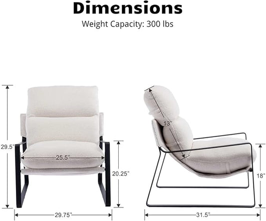 HEAH-YO Modern Accent Chair Set of 1, Upholstered Sherpa Living Room Chair with Backrest and Metal Frame, Comfy Reading Chair for Bedroom, White