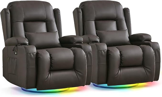 URRED Rocker Recliner Chair for Adults, 270° Swivel Glider Reclining Single Sofa with LED Ambient Light, Cup Holders and Side Pockets, Faux Leather Recliner for Living Room or Home Theater, Brown