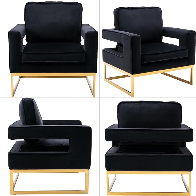 Modern Accent Chair, Velvet Upholstered Side Chair with Backrest, Comfy Armchair Side Chair with Golden Metal Base for Living Room Reception Room, 1PC, Black