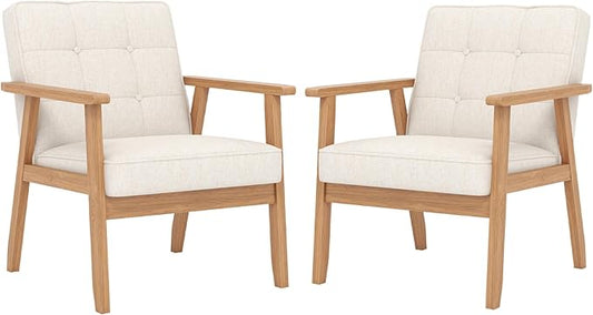Modern Accent Chairs Set of 2, Upholstered Linen Fabric Leisure Chairs with Backrest Button and Wooden Frame for Living Room Bedroom Reading (Beige)