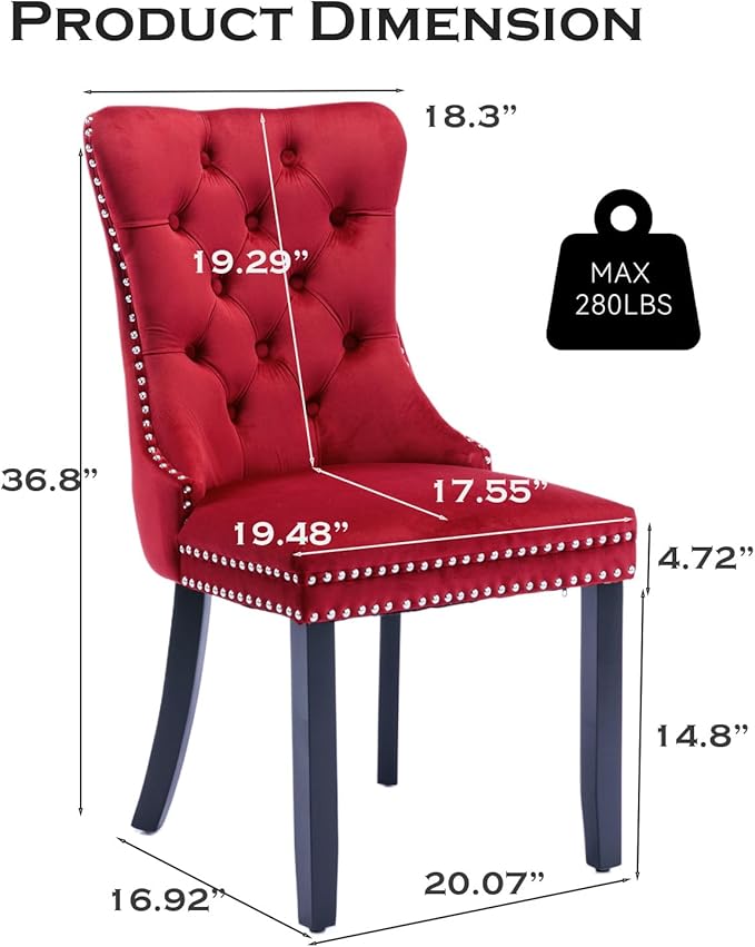 Velvet Upholstered Dining Chairs Set of 4, Modern Style Kitchen Side Chairs with Nailhead Trim and Wood Legs,Metal Pulling Ring for Dining Room Living Room(Wine Red,Set of 4)