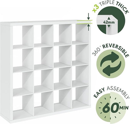Furinno Cubicle Book Shelf, 16-Cube Bookshelf, Triple Thick Frame Cube Storage Organizer, Bookcase, 15.4 x 57.4 x 56.9, for Home Office, Living Room, Plain White