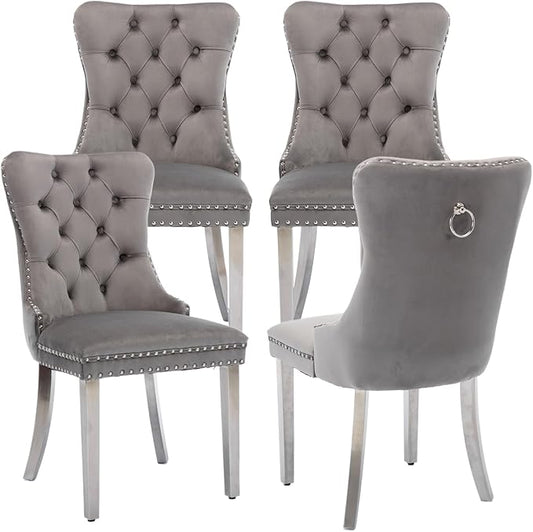 Velvet Upholstered Dining Chairs Set of 4, Modern Style Kitchen Side Chairs with Nailhead Trim and Silver Plated Leg, Metal Pulling Ring for Dining Room Living Room(Gery-Silver Plated Leg)