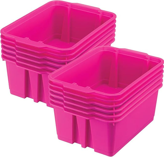 Really Good Stuff - 160074PIN Stackable Plastic Book and Organizer Bins for Classroom or Home Use – Sturdy, Colored Plastic Baskets (Set of 12),Pink