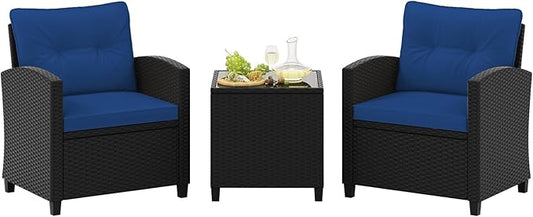 Tangkula 3 Piece Patio Furniture Set, Rattan Conversation Set w/Soft Seat & Back Cushions, Tempered Glass Topped Coffee Table, Cushioned Wicker Seating Set for Backyard, Porch, Poolside