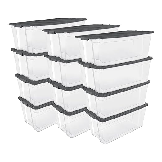 Sterilite 12-Pack Modular Stacker Box, Durable Clear Plastic Storage Bins with Latching Lids, 200 Quart - Stackable Organizing Container Boxes for Closet, Bathroom, and Office