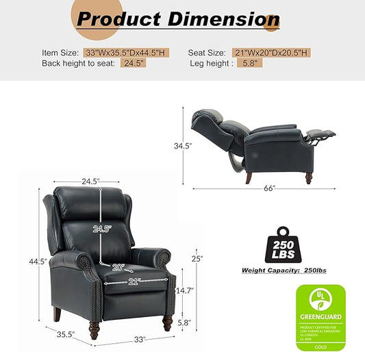 HULALA HOME Genuine Leather Recliner Chair, Traditional Manual Pushback Comfy Seating for Living Room, Thick Cushion & Solid Wood Legs, Wingback Recliner with Nailhead Trim, Navy-S2
