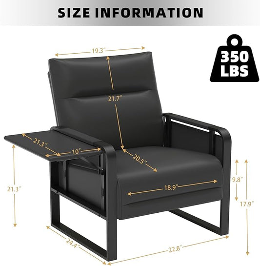 Faux Leather Accent Chair, Upholstered Armchair with Side Tray & Pocket, Comfy Reading Chair for Living Room, Bedroom, Guest Room, Black