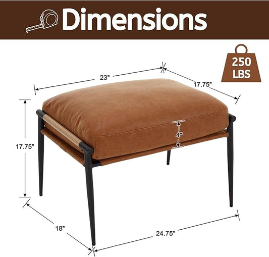 LukeAlon Upholstered PU Leather Footstool, Modern Ottoman Footrest Small Shoe Stool with Black Metal Legs Mid Century Vanity Stool with Armrests for Living Room Entrance Cushion Removable, Brown