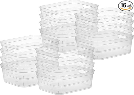 Sterilite 5.25 x 12.25 x 15 Inch Medium Modern Storage Bin w/Comfortable Carry Through Handles & Banded Rim for Household Organization, Clear 16 Pack