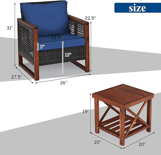 COSTWAY 3 Pieces Wicker Patio Furniture Set, Outdoor Wicker Sofa with Acacia Wood Frame, Coffee Table & Washable Cushions, Rattan Conversation Sets for Yard, Porch Bistro Balcony, Backyard, Navy Blue