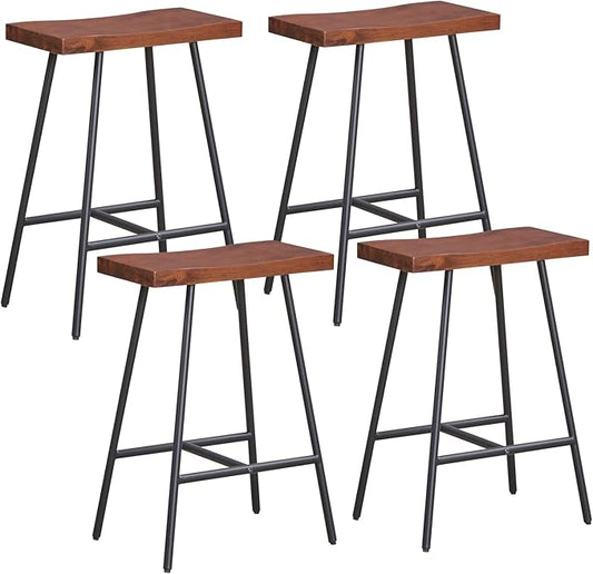 COSTWAY Industrial Bar Stools, 24-inch Backless Counter Height Saddle Stools with Footrest, Metal Legs, Adjustable Foot Pads, Barstools for Kitchen Island Cafe Restaurant, Walnut+Black (Set of 4)