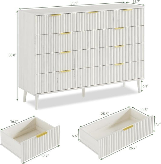 LYNSOM Fluted 9 Drawer Dresser for Bedroom, 55" Wide Modern Chest of Drawers with Curved Profile Design and Metal Handles, Wood Dresser TV Stand & Storage Organizer for Bedroom, Hallway, White