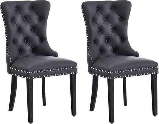 Leather Dining Chair Set of 2, Dining Room Chairs with Nailhead Ring Pull Trim, Upholstered Dining Chairs with Solid Wood Legs for Kitchen Dining Room (Black)