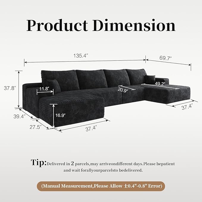 135.4" Oversized Cloud Modular Sectional Sofa, U-Shaped Couches with Ottoman for Living Room, Deep Seat Boneless Couch, 1600lb Weight Capacity, No Assembly Required (Black, Right Facing Chaise)