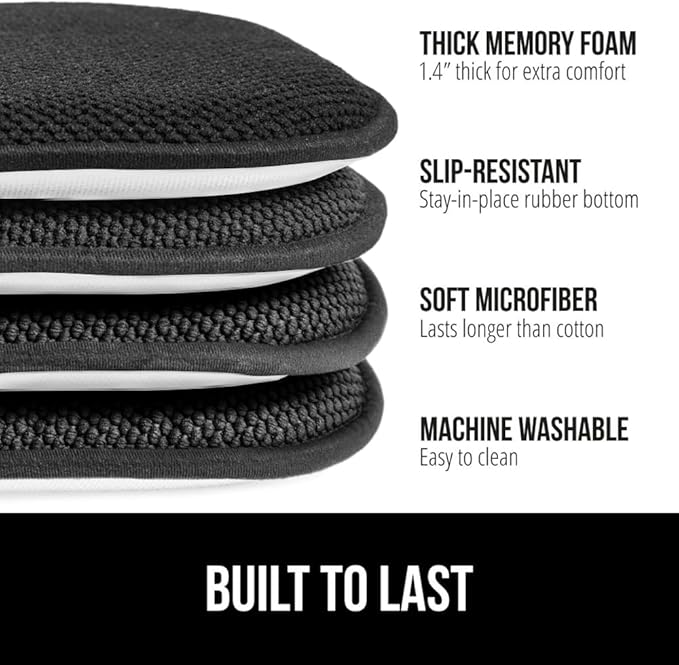 GORILLA GRIP Slip Resistant Chair Cushions, No Ties Required, Set of 6 Memory Foam Pads for Dining Room, Kitchen Table, Office, Rocking Chairs, Plush Seat Cover Cushion Pad, Home Decor, 16x16, Black