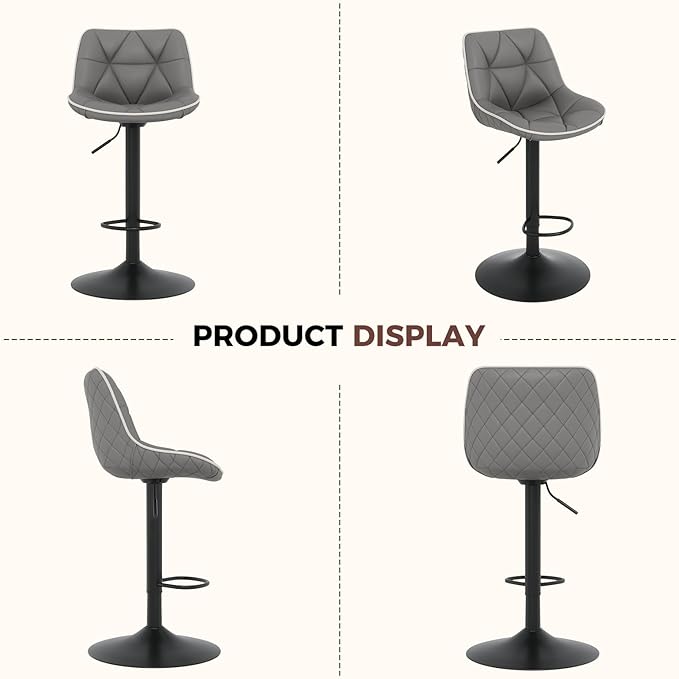 Nalupatio Bar Stools Set of 2, Adjustable Swivel Counter Height Bar Stools with Back, Armless Modern Barstools for Kitchen Island & Home Bar, Upholstered Seat,（Grey）