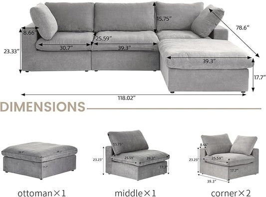 Cloud Couch Modular Sectional Sofa with Storage Ottoman,L Shaped Couch for Living Room,120.45inch Down Filled 4 Seater Convertible Sectional Sofas,Covers Washable&Replaceable (Grey)