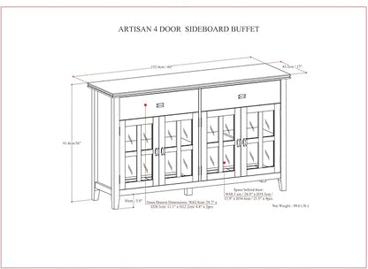 SIMPLIHOME Artisan Buffet - 60 inch Wide Solid Wood 4-Door Sideboard Buffet in Russet Brown, Transitional Storage Cabinet for Dining Room or Kitchen with Adjustable Shelves and Square Knobs