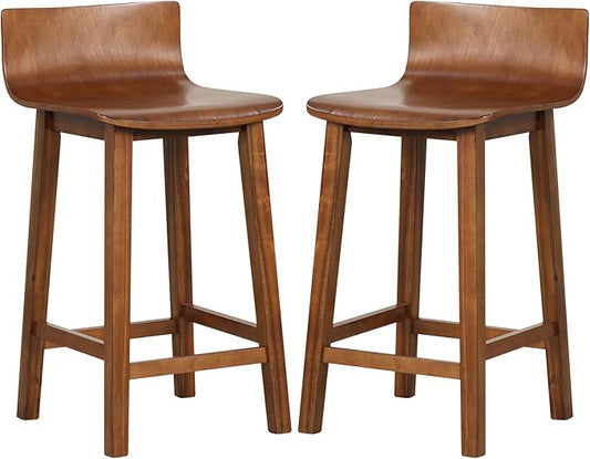 COSTWAY Solid Wood Bar Stools Set of 2, 24.5-inch Counter Height Chairs with Low Back and Footrest, Farmhouse Wooden Armless barstools for Kitchen Island, Dining Room, Cafe, Breakfast, Brown