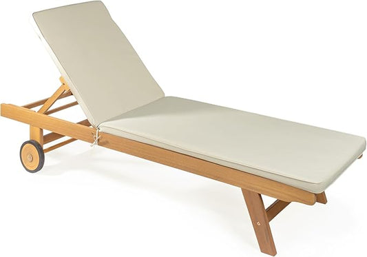 JONATHAN Y LNG1000E Mallorca 77.56"x23.62" Modern Classic Adjustable Acacia Wood Chaise Outdoor Lounge Chair with Cushion & Wheels Coastal, Bohemian, Minimalist, Traditional, Light Gray/Natural