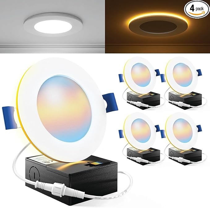 Sunco 4 Inch LED Recessed Lights with Night Light, Slim Ceiling Lighting, 900 LM, 11W (110W Equiv), Selectable CCT 2700K/3000K/3500K/4000K/5000K, Dimmable, Canless with Junction Box ETL 4 Pack.