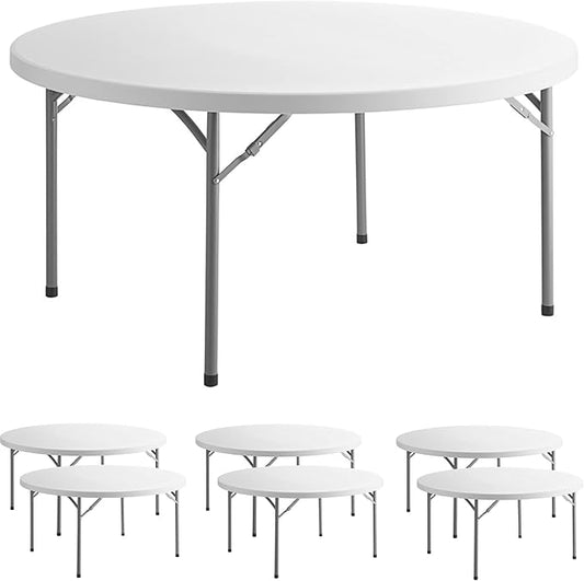7 Pack! 60" Round Granite White Plastic Folding Banquet Table, Heavy Duty, 5-Foot, White, Wedding, Event