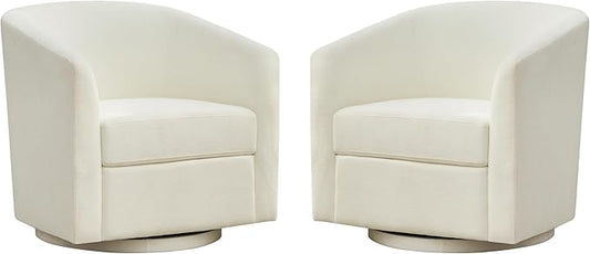 Chenille Swivel Accent Chairs Set of 2, No Assembly Upholstered Armchair, 360° Rotating Barrel Chairs for Living Room, Bedroom, Apartment & Reading Nook (2, Cream White)