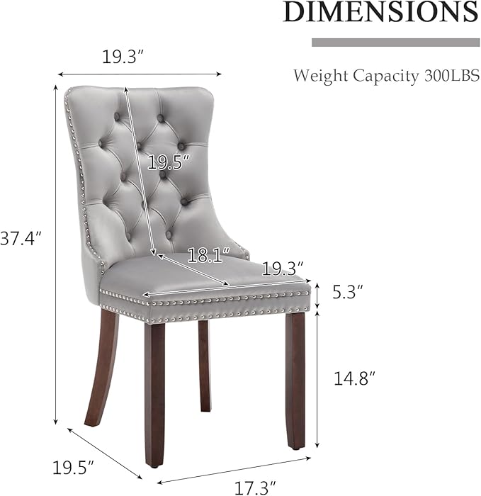 Velvet Dining Chairs Set of 2, Tufted Dining Room Chairs with Nailhead Ring Pull Trim, Upholstered Dining Chairs with Solid Wood Legs for Kitchen Dining Room (Light Grey)
