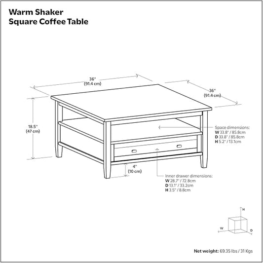 SIMPLIHOME Warm Shaker Square Coffee Table - 36 inch Wide Solid Wood Cocktail Table in Light Golden Brown, Transitional Living Room Table with Large Storage Drawer and Open Shelf for Sitting Area