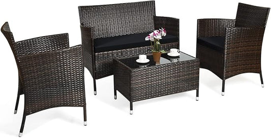 COSTWAY 4PCS Rattan Patio Furniture Set, Outdoor Wicker Rattan Chairs with Coffee Table, Rattan Cushioned Conversation Set for Backyard Balcony Porch Poolside, Black