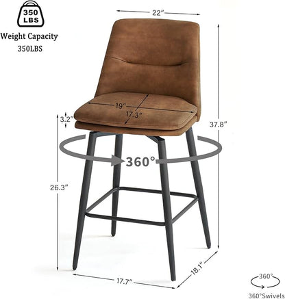 Coffee Counter Height Bar Stools Set of 3, 26 Inch Seat Height with Back and Metal Legs, 360° Swivel Upholstered Faux Leather Swivel Bar Stools