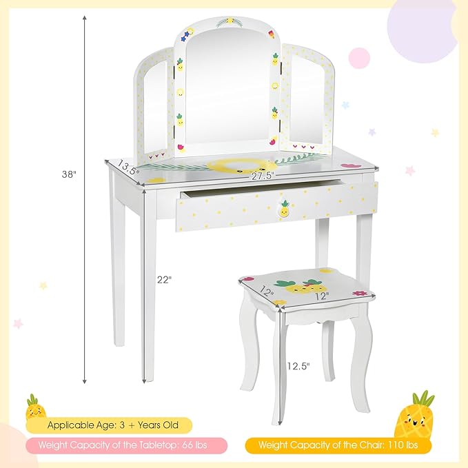 Costzon Kids Vanity, Girls Vanity Set with Tri-Folding Mirror, Stool, Storage Drawer, Princess Toddler Makeup Vanity Desk Dressing Table, Wooden Kids Vanity Table and Chair Set (Fruit Pattern)