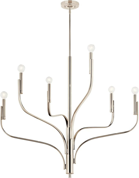 KICHLER Livadia 6-Light Chandelier, Soft Modern-Light in Polished Nickel, for Foyer, Great Room, or Vaulted Dining or Bedroom (33" x 36.25"), 52673PN