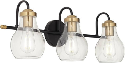 Possini Euro Design Brade Industrial Modern Wall Light Black Gold Hardwired 22 3/4" 3-Light Fixture Clear Glass Shades for Bedroom Bathroom Vanity Reading Living Room Hallway House Home Decor