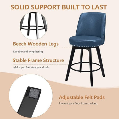 MINCETA Bar Stools Set of 3, PU Leather Barstools, 26 Inch Upholstered Counter Stools with High Back and Footrest, Swivel Counter Height Barstools for Kitchen Island Home Bar Navy Blue