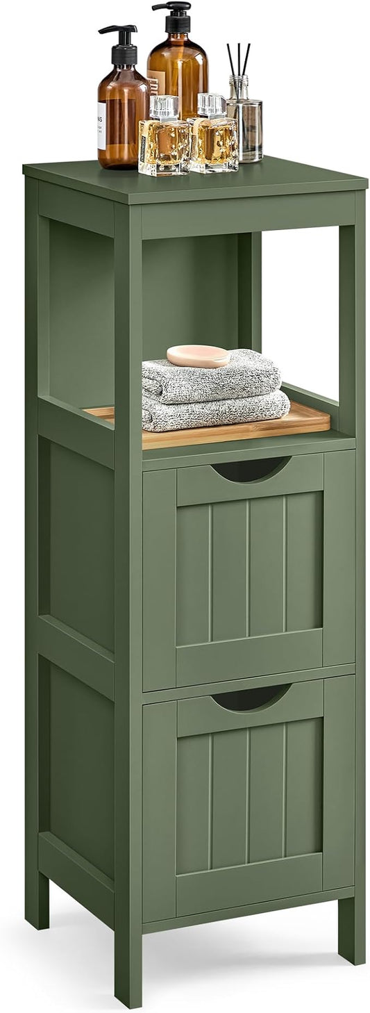 VASAGLE Storage Cabinet, Storage Organizer Rack Stand for Bathroom, Living Room, Bedroom, Multifunctional Corner Unit, 2 Drawers, 35 Inches in Height, Forest Green UBBC042C01