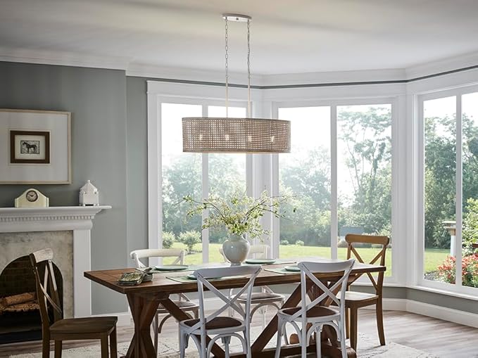 KICHLER Sayulita 4-Light Linear Chandelier in a Classic White Finish with a White Washed Wicker Shade, 82402
