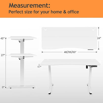 Electric Standing Desk 55x24 in with Wheels, Adjustable Height 27-46 in, Ergonomic Sit-Stand Desk with Curved Desktop and Smooth Motor, Spacious and Sturdy Workstation for Home Office（White