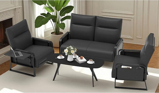 Faux Leather Sectional Couches for Living Room 3 Piece Loveseat and Chair Set with Flip Up Tray Tables Side Pockets Modern Modular Sectional Sofa for Office (2-Seat+1-Seat+1-Seat, Black)