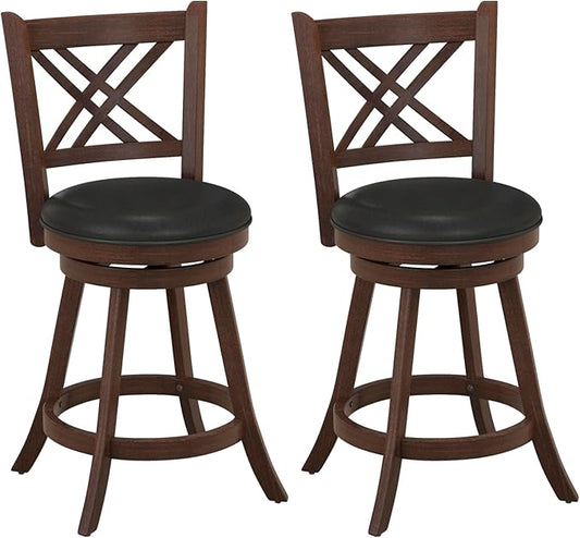 COSTWAY Bar Stool Set of 2 for Kitchen Island, Swivel Upholstered Counter Height Barstools with PU Surface, Rubber Wood Frame, 360° Rotatable Seat, Curved Back, Sturdy Footrest (2, 24" Seat Height)