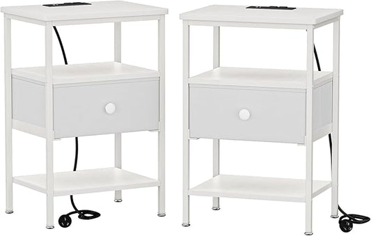 VECELO Night Stand Set 2, Nightstand with Charging Station, End Tables with Open Storage Shelf, Bed Side Tables with Fabric Drawers for Bedroom,Living Room,Elegant White