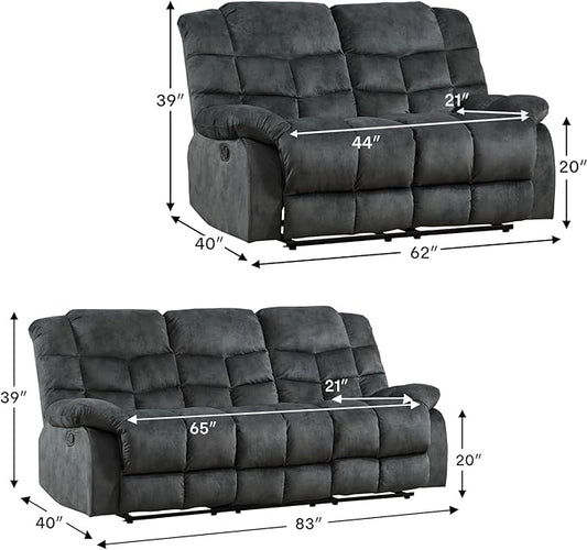 CANMOV Manual Recliner Sofa Set,2 Pieces Sofa Furniture Set for Living Room, Manual Reclining Loveseat and Recliner Sofa with Overstuffed Arms for Living Room, Bedroom, Grey(2+3)