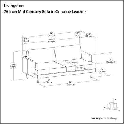 SIMPLIHOME Livingston 76-inch Wide Sofa in Sienna Top Grain Genuine Leather, Handcrafted Mid-Century Modern Loveseat for Living Room, Compact 2-Seater with Feather-Wrapped Cushions