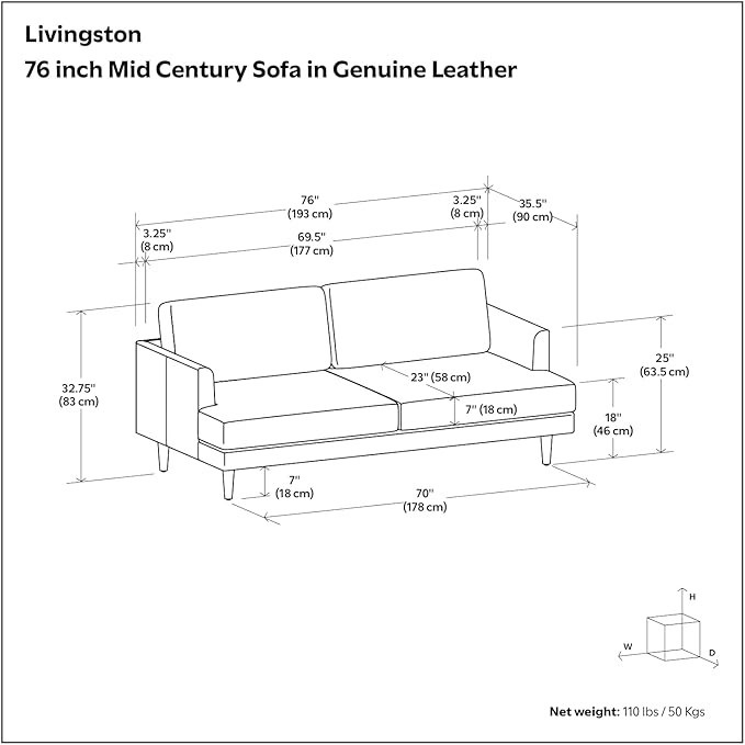 SIMPLIHOME Livingston 76-inch Wide Sofa in Caramel Brown Top Grain Genuine Leather, Handcrafted Mid-Century Modern Loveseat for Living Room, Compact 2-Seater with Feather-Wrapped Cushions