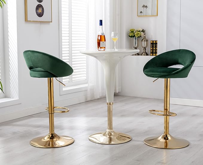 CIMOO Velvet Swivel Bar Stools Set of 2 with Open Back, Upholstered Adjustable Bar Height Bartools Modern Counter Height Barstools Island Chairs with Gold Legs for Kitchen/Home Bar/Pub, Green