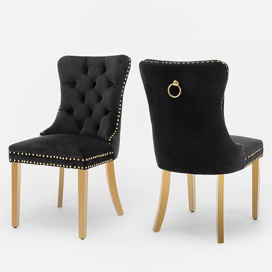 Velvet Upholstered Dining Chairs Set of 2, Modern Style Kitchen Side Chairs with Nailhead Trim and Gold Plated Leg, Metal Pulling Ring for Dining Room Living Room(Black,Set of 2)