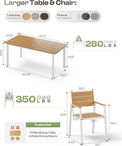 HDPS Outdoor Patio Dining Chairs Set of 2, 350LBS Capacity Aluminum Patio Dining Chairs with Armrests, Weather-Resistant for Lawn, Garden, Yard, Poolside and Indoor Use, White & Teak