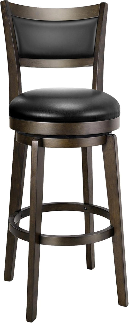 PrimeZone Swivel Bar Stools Set of 1, 30 Inch Bar Height Barstools, Black Faux Leather Bar Stool with High Backrest & Solid Wood Legs & Wrap-Around Footrest, Counter Stools for Kitchen Island, Pub